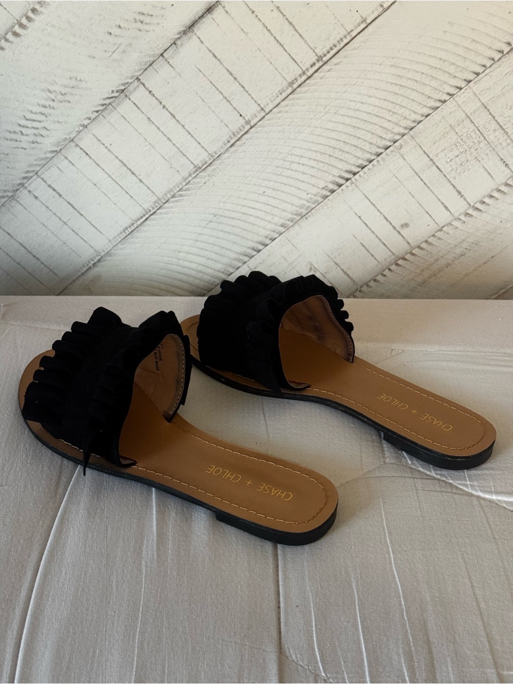 Chase + Chloe Black Ruffle Slide Mules